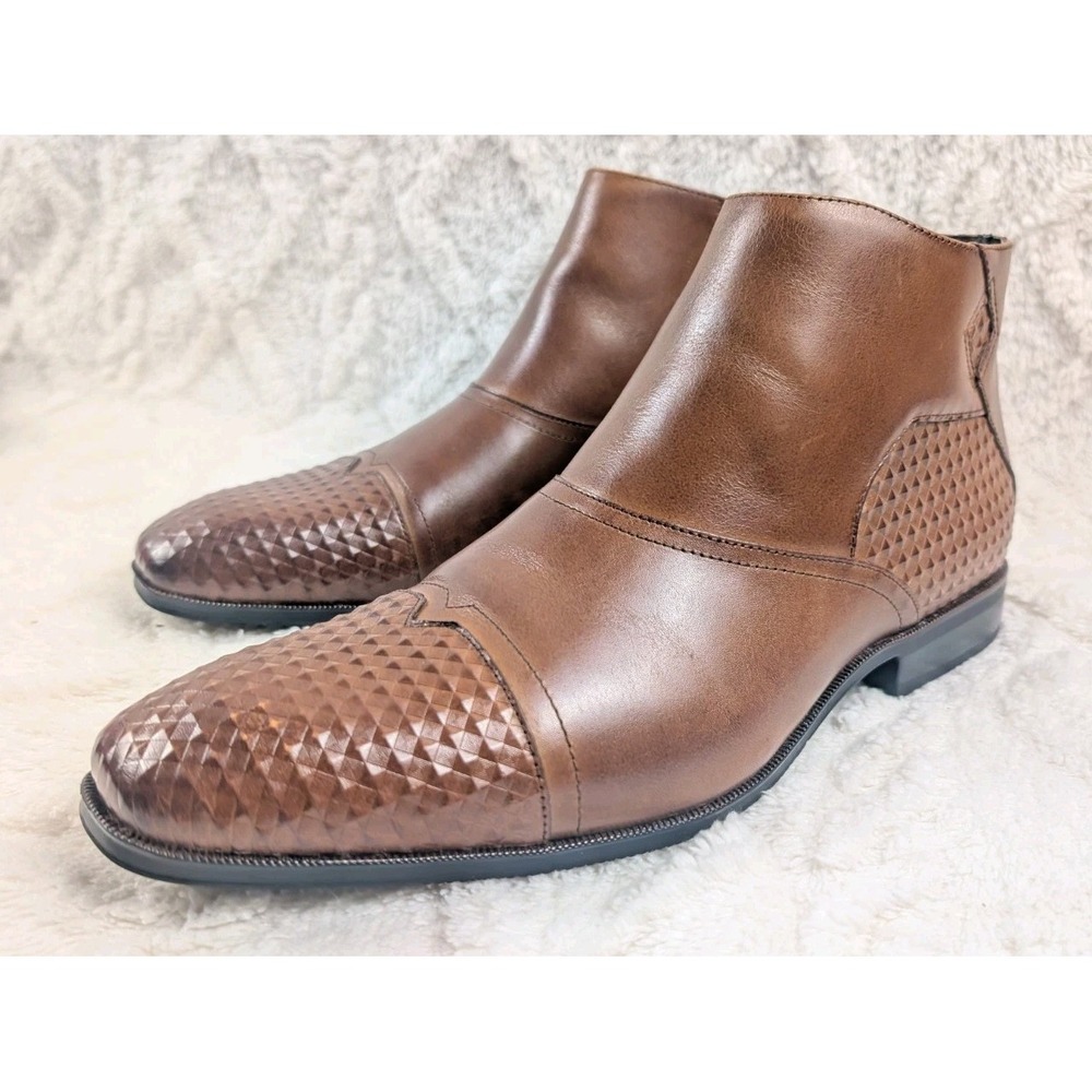 Stacy Adams Mens 10.5 M Brown Leather Ankle Boots Embossed Cap Toe Zip 25077-221